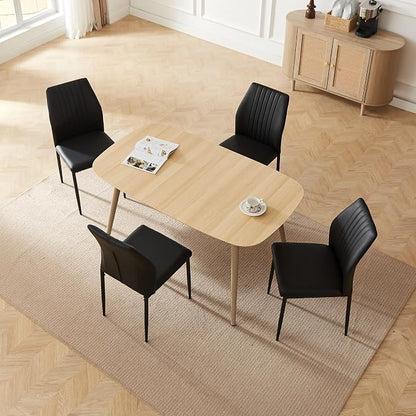 HIPIHOM Modern 4-Piece Dining Table Set with Leather Chairs | 55.1 Inch Wood Kitchen Table & 4 Black Leather Seats | Space-Saving Durable Furniture for Small Spaces, Dining Room, Breakfast Nook