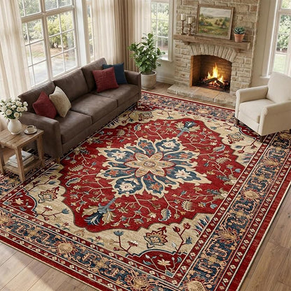 RELEANY Area Rugs Large 10'x14' Washable Non-Slip, Floral Vintage Distress Medallion Carpet for Living Room Bedroom Dining Room, Red Blue