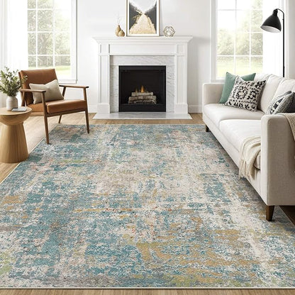 8x10 Area Rugs Living Room: Washable Large Abstract Neutral Modern Soft Rug Stain Resistant Indoor Floor Non-Slip Accent Carpet for Bedroom Nursery Playroom Office Dining Room Home Decor- Teal