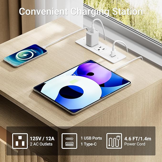Fluted Nightstand, Modern Night Stand, 2 Drawers Nightstand with Charging Station, Wooden End Table w/Storage, Bedside Table for Bedroom Sofa Home Office, Curved Corners Design, Natural Oak