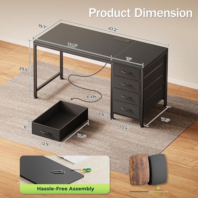 PRAISUN 47.2Inch Computer Office Desk with Power Outelts and USB-C Port, Reversible Gaming Desk with 4 Fabric Drawers, Work Study Desk Work from Home, Black