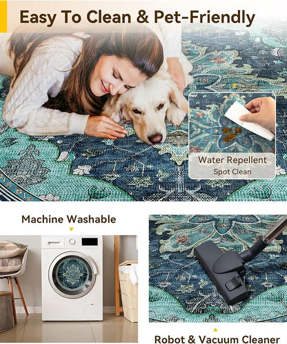RELEANY Area Rugs Round 8ft Washable Non-Slip, Floral Vintage Distress Medallion Carpet for Living Room Bedroom Dining Room, Teal Green Lake Blue Turquoise