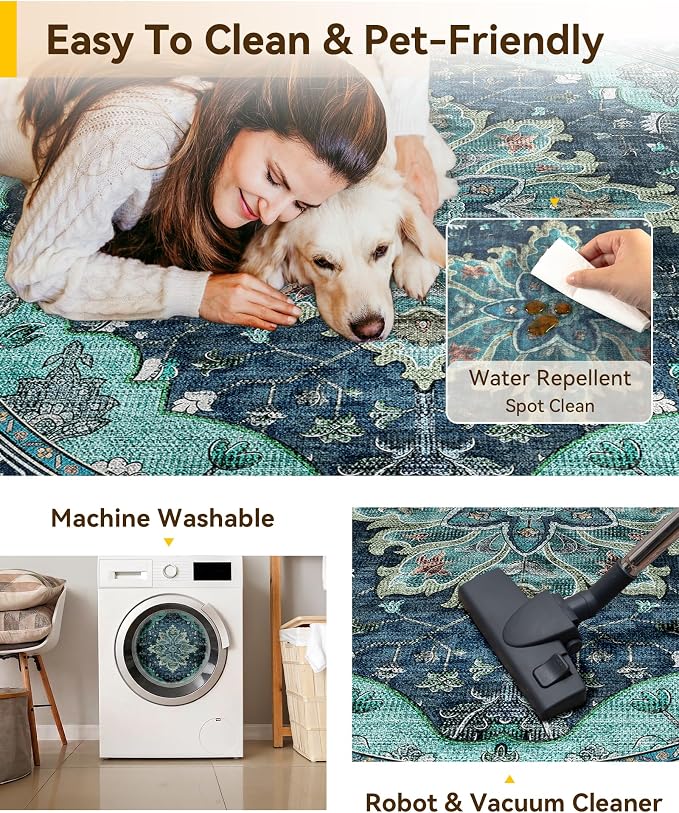 RELEANY Area Rugs Round 5ft Washable Non-Slip, Floral Vintage Distress Medallion Carpet for Living Room Bedroom Dining Room, Teal Green Lake Blue Turquoise