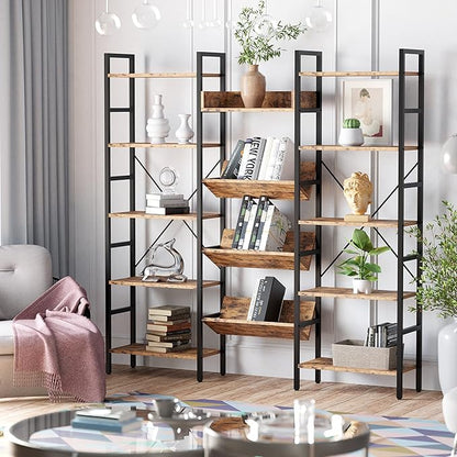IRONCK Bookshelf, Bookshelves and Bookcases, Triple Wide 5 Tiers Book Shelf with Baffles, Industrial Bookshelf with Metal Frame for Living Room, Home Office