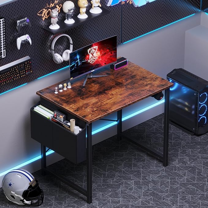 OLIXIS Small Computer Desk, 31 Inch Home Office Desks, Writing Study Craft Work Gaming Table, Computer Workstation for Bedroom Small Spaces with Storage Bag and Headphone Hook, Rustic Brown