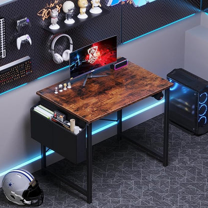 OLIXIS Small Computer Desk, 31 Inch Home Office Desks, Writing Study Craft Work Gaming Table, Computer Workstation for Bedroom Small Spaces with Storage Bag and Headphone Hook, Rustic Brown