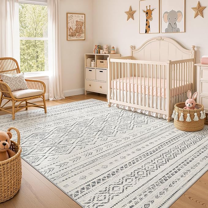 Nakagishi Area Rug Living Room Rugs: 10x12 Large Soft Machine Washable Boho Moroccan FarmNeutral Stain Resistant Indoor Floor Carpet for Bedroom Under Dining Table Home Office Decor-Grey