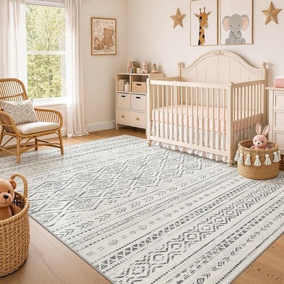 Nakagishi Area Rug Living Room Rugs: 5x7 Large Soft Machine Washable Boho Moroccan FarmNeutral Stain Resistant Indoor Floor Carpet for Bedroom Under Dining Table Home Office Decor-Grey