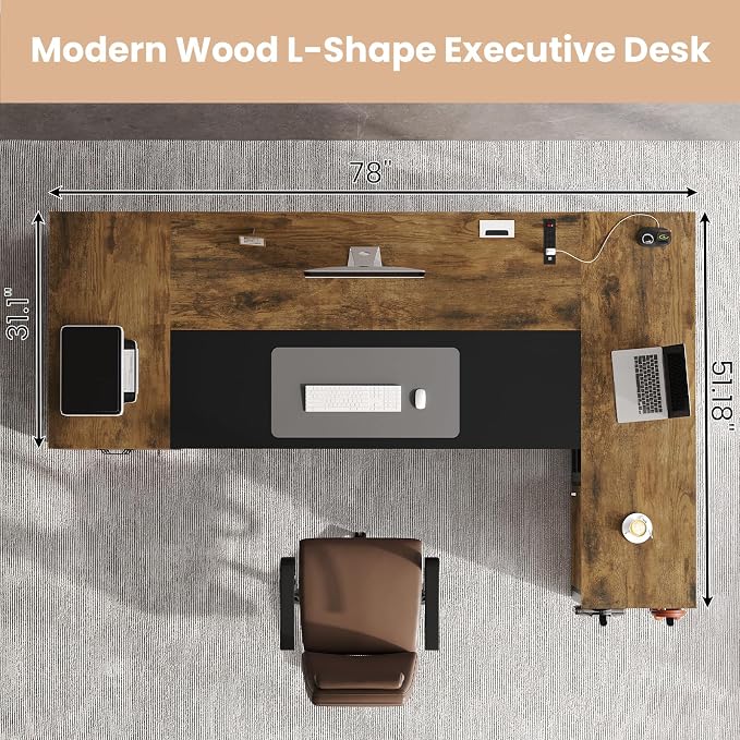 78" Executive Desk with Lockable File Cabinet, L Shaped Office Desk with Power Outlets, Large Executive Desk with Drawers and Storage Shelves, Reversible Computer Desk, Rustic Brown
