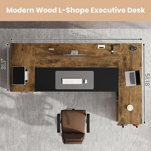 78" Executive Desk with Lockable File Cabinet, L Shaped Office Desk with Power Outlets, Large Executive Desk with Drawers and Storage Shelves, Reversible Computer Desk, Rustic Brown