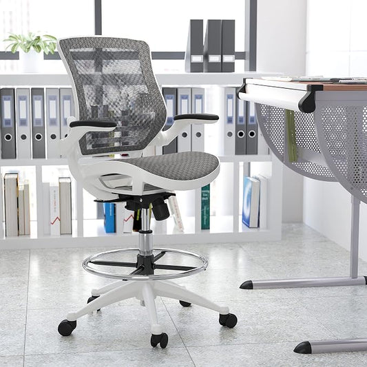 Flash Furniture Waylon Mid-Back Swivel Office Chair with Adjustable Foot Ring and Seat Height, Ergonomic Mesh Chair with Armrests, Gray/White