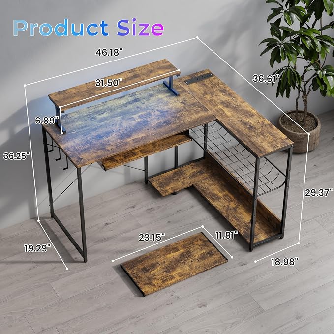 L Shaped Gaming Desk with Power Outlets & RGB Lights, 46'' L- Shaped Desk Computer Corner Desk with Monitor Stand & Storage Shelf & Hook, Home Office Desk Writing Desk, Brown