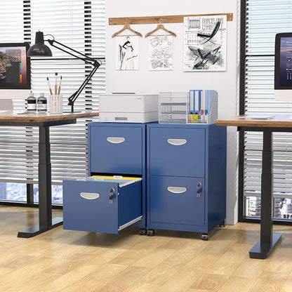 2 Drawer Mobile File Cabinet with Lock, Blue Metal Filing Cabinets with Wheels, Vertical Rolling File Cabinet Fit Hanging Files, Letter and A4 Documents