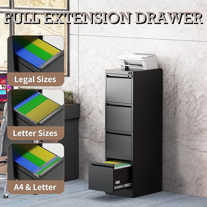4 Drawer File Cabinet with Lock, File Cabinet, Steel Vertical Filing Cabinets for Home Office, Heavy Duty File Storage Cabinet for Legal/Letter/A4 Documents, Easy to Assemble, Black