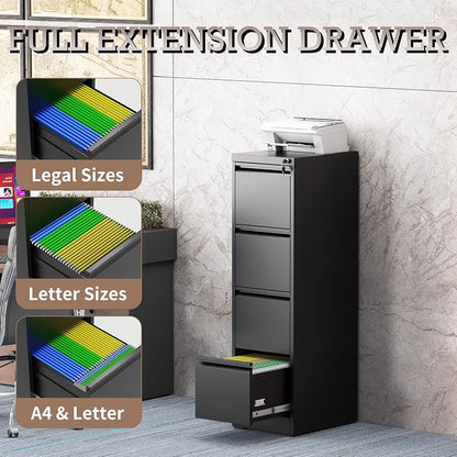 4 Drawer File Cabinet with Lock, File Cabinet, Steel Vertical Filing Cabinets for Home Office, Heavy Duty File Storage Cabinet for Legal/Letter/A4 Documents, Easy to Assemble, Black