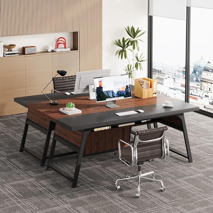 63-inch Executive Desk with Storage Shelf, Large Home Office Desk with Metal Frame & LED Light, Long Computer Desks for Home Office, Walnut and Black