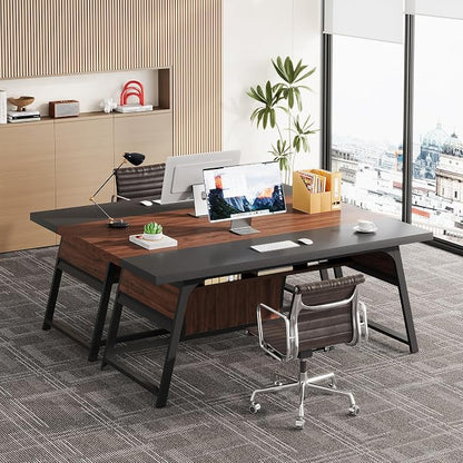 63-inch Executive Desk with Storage Shelf, Large Home Office Desk with Metal Frame & LED Light, Long Computer Desks for Home Office, Walnut and Black
