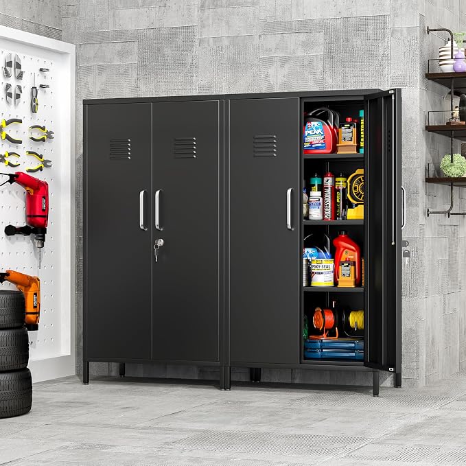 pozdeg 47.24" Metal Storage Locker with Lockable, Employees Metal Steel Locker with 2 Door ＆ 3 Adjustable Shelves, Small Locker Storage Cabinets for Home, School, Office, Gym (Black)