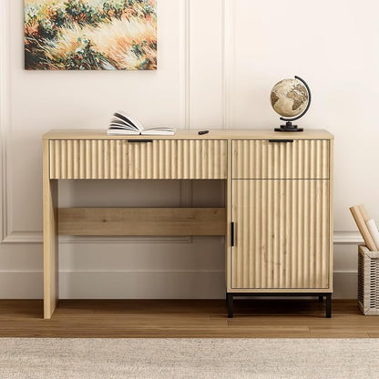 EYYTHUNG 47" Fluted Executive Desk, Modern Wood Home Office Desk with Charging Station, Drawer & Cabinet, Computer Writing Desk for Work Study, Light Oak
