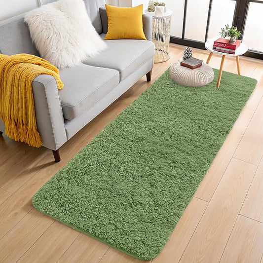 OLANLY 2x6 Machine Washable Runner Rugs for Hallway, Soft Fluffy Shaggy Bedside Rugs for Bedroom, Living Room, Indoor Floor Carpet for Kids Girls and Boys, Home Decor Aesthetic, Green