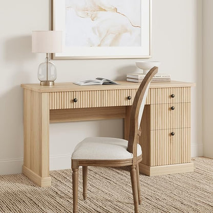 Garvee Fluted Home Office Desk with File Drawer, 54" Modern Executive Desk with Charging Station, Wooden Computer Writing Desk for Home Office, Study Room, Oak