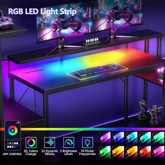 Korfile 55 Inch Gaming Desk with Bluetooth LED Lights & Power Outlets,Computer Desk with Fabric Drawers & Hooks,Reversible Gamer Table with Monitor Stand for Game Room,Home Office,Carbon Fiber Black
