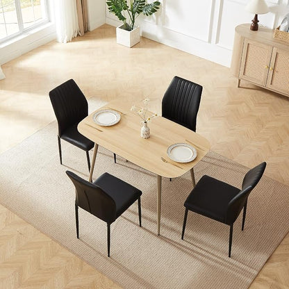 HIPIHOM 47.2'' Modern Solid Wood Dining Table Set for 4 with Scratch-Resistant Surface & 4 Black Leather Chairs - Cat-Friendly Kitchen Dining Room Furniture Set