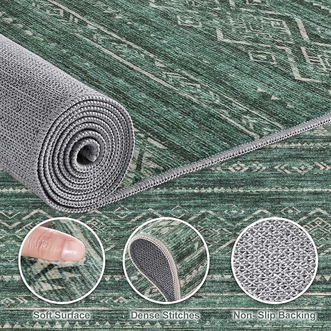 Nakagishi 7x9 Area Rugs Living Room: Washable Boho Large Neutral Soft Farmhouse Rug Stain Resistant Modern Indoor Floor Non-Slip Carpet for Bedroom Nursery Kids Playroom Office Dining Room Dorm- Green