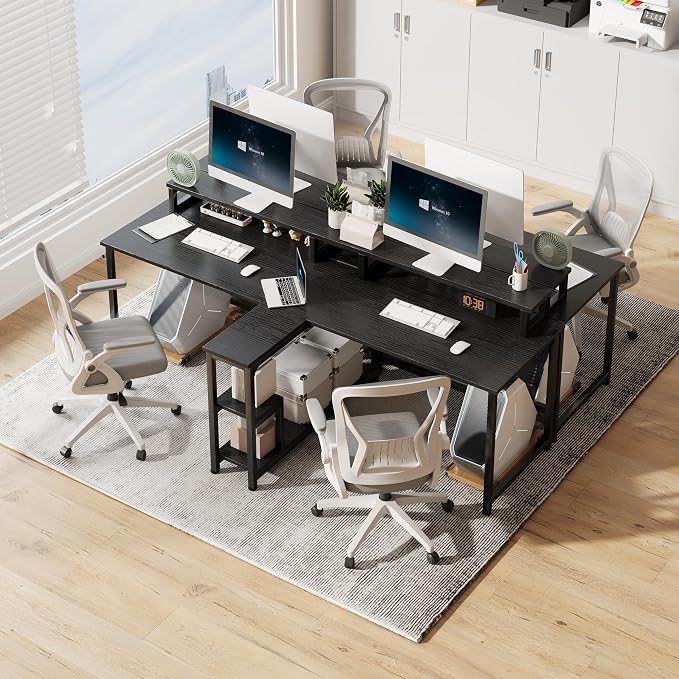 Mexin 83.7 Inch Two Person Desk with Storage Shelves and Power Outlets, Double Desk with Monitor Stand, 2 Person Writing Study Table Workstation for Home Office, Black