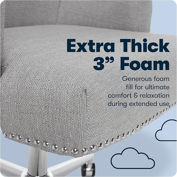 Serta Leighton Home Office Desk Chair, Mid-Back with Chrome Nailheads, Memory Foam Cushion and Padded Arms, Modern Makeup Vanity Armchair with Wheels, Swivel Base, Twill Fabric, Light Gray