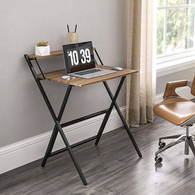 HOMCOM Small Folding Desk, 27.6 Inch Foldable Computer Desk with Monitor Shelf, Space Saving Portable Writing Table for Small Spaces, Home Office, Study, Easy Assembly, Walnut