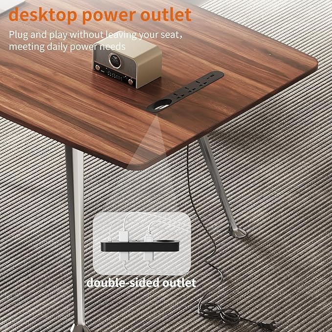 60-Inch Executive Desk, Modern Desk for Home Office, Wooden Study Writing Work Table with Power Outlets and USB-C Port, Large Legroom, Sturdy Metal Frame, Mid-Century Modern Simple, Walnut Brown