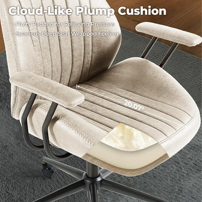 ovios Executive Ergonomic Office Chair, High Back Comfy Faux Suede Leather Computer Chairs, Mid-Century Modern Swivel Rolling Task Armchair, Beige
