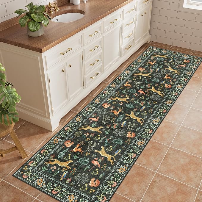 DUKINO 2x6 Rug for Hallway, Washable Kitchen Runner Rug with Non Slip Backing, Soft Low Pile Vintage Animal Runner for Bedroom, Kitchen, Hallway, Entryway, Laundry, Black