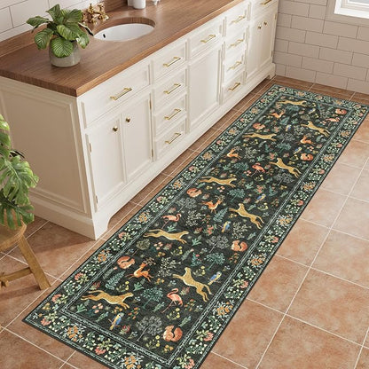 DUKINO 2x6 Rug for Hallway, Washable Kitchen Runner Rug with Non Slip Backing, Soft Low Pile Vintage Animal Runner for Bedroom, Kitchen, Hallway, Entryway, Laundry, Black