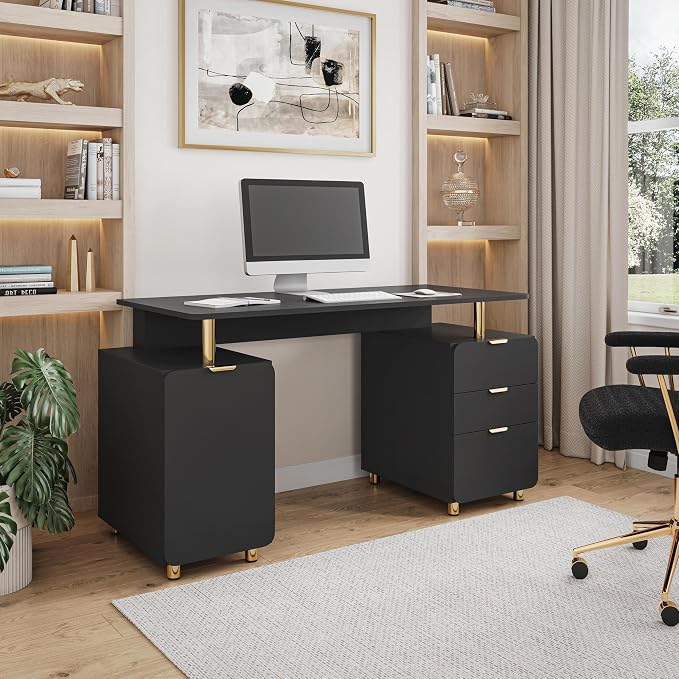 Elegant 57" W Executive Desk with 3 Drawers and Storage Cabinet, Modern Office Desk with Gold Accents, Floating Work Surface, Closed Storage with Ventilation & Adjustable Shelf (Black,Gold)