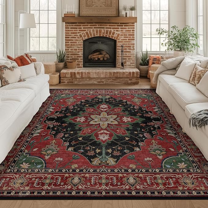 RELEANY Area Rugs Square 8ft Washable Non-Slip, Floral Vintage Distress Medallion Carpet for Living Room Bedroom Dining Room, Red Black