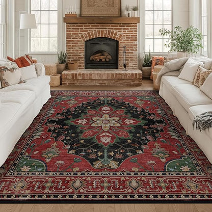 RELEANY Area Rugs Square 8ft Washable Non-Slip, Floral Vintage Distress Medallion Carpet for Living Room Bedroom Dining Room, Red Black