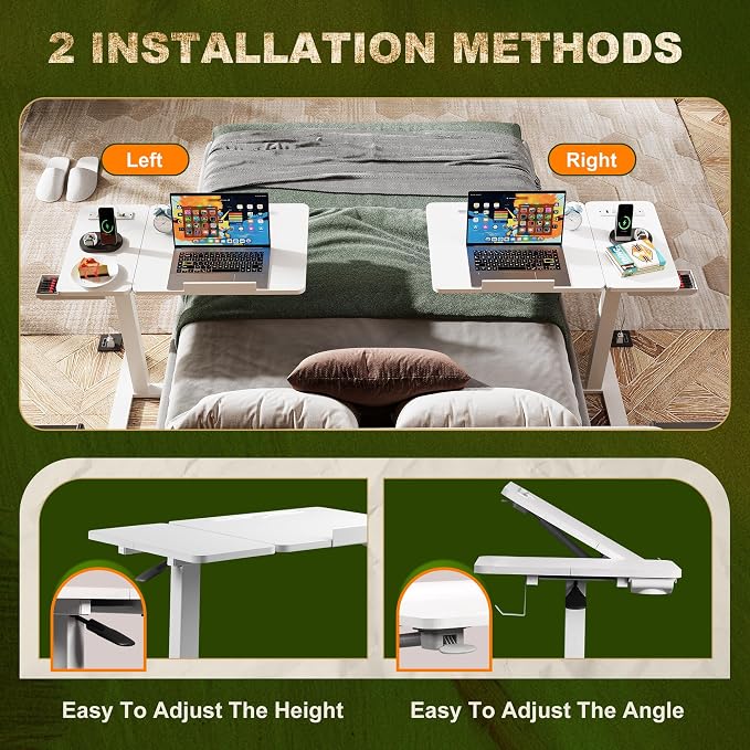 Standing Desk, Medical Overbed Table with Rolling Tray and Power Outlet, Dual Pneumatic Angle and Height Adjustable Desk, Portable Side Table with Drawer, Home & Hospital Use, White