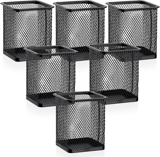 Segarty Pen Cup Holder, 6 Pack Square Black Pen Holder for Desk, Metal Mesh Pencil Cups Bulk for Office Supplies, School Classroom, Desktop Accessories, Makeup Brush