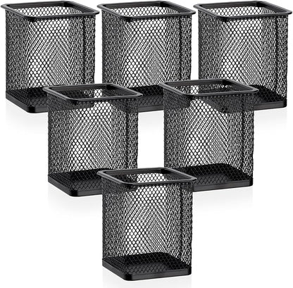Segarty Pen Cup Holder, 6 Pack Square Black Pen Holder for Desk, Metal Mesh Pencil Cups Bulk for Office Supplies, School Classroom, Desktop Accessories, Makeup Brush
