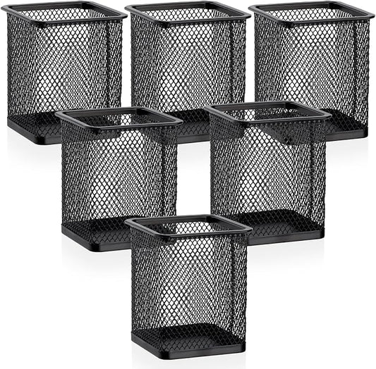 Segarty Pen Cup Holder, 6 Pack Square Black Pen Holder for Desk, Metal Mesh Pencil Cups Bulk for Office Supplies, School Classroom, Desktop Accessories, Makeup Brush