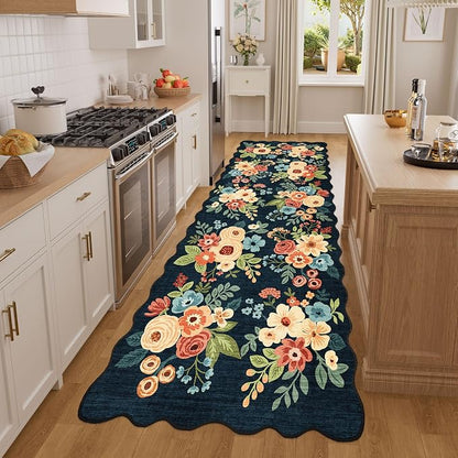 DUKINO 3x8 Washable Runner Rug, Soft Indoor Floral Non Slip Long Runner Rug for Hallways, Lightweight & Low Pile Floor Carpet for Kitchen, Entryway, Hallway, Bathroom, Laundry, Bedroom, Navy Blue
