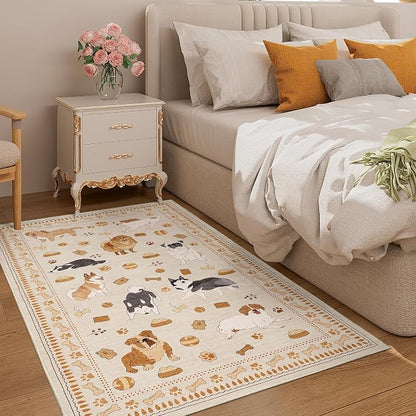 DUKINO 3x5 Area Rug, Lightweight Washable Entryway Rug with Non Slip & Low Pile, Soft Non Shedding Animal Dog Print Pattern Indoor Carpet for Bedroom, Kitchen, Bathroom, Kids Room, Beige Yellow