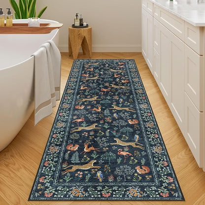 DUKINO 2.6x8 Rug for Hallway, Washable Kitchen Runner Rug with Non Slip Backing, Soft Low Pile Vintage Animal Runner for Bedroom, Kitchen, Hallway, Entryway, Laundry, Navy Blue