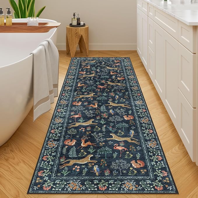 DUKINO 2x10 Rug for Hallway, Washable Kitchen Runner Rug with Non Slip Backing, Soft Low Pile Vintage Animal Runner for Bedroom, Kitchen, Hallway, Entryway, Laundry, Navy Blue