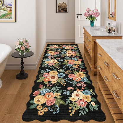 DUKINO 3x8 Washable Runner Rug, Soft Indoor Floral Non Slip Long Runner Rug for Hallways, Lightweight & Low Pile Floor Carpet for Kitchen, Entryway, Hallway, Bathroom, Laundry, Bedroom, Black
