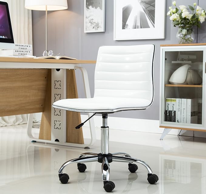 BTEXPERT BTExpert Swivel Mid Back Armless Ribbed Designer Task Chair Leather Soft Upholstery Office Chair - White
