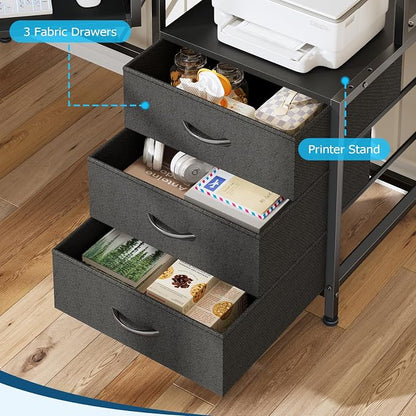 YOMILUVE Small Corner Desk with Drawers, Corner Gaming Desk with Power Outlets & Printer Shelf for Small Space, Triangle Computer Desk with LED Lights, Keyboard Tray and Monitor Stand, Black