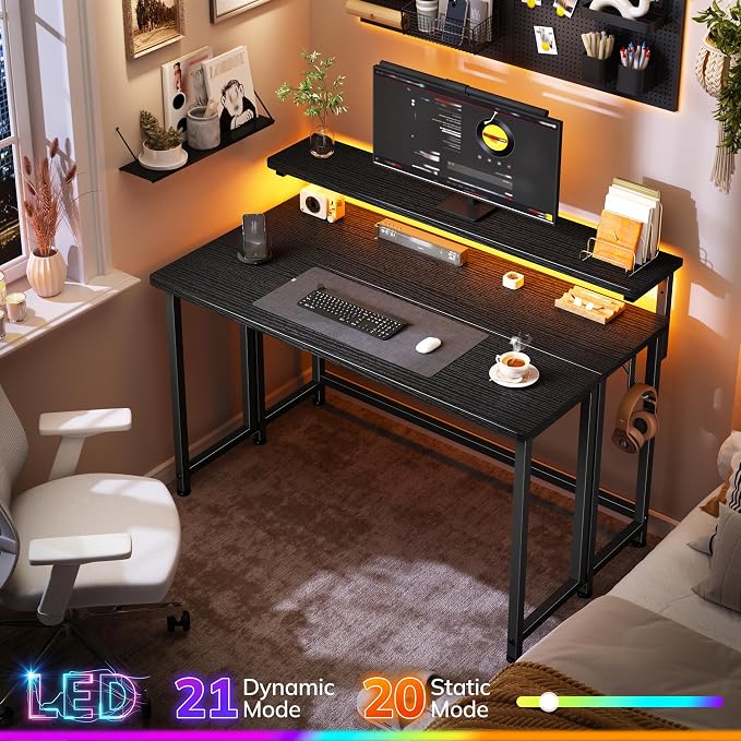 DurayLoly Folding Table with RGB Light for Small Space, 31.5" Folding Computer Desk for Space Saving Sofa Table for Couch, Home Work Office Desk with Monitor Stand, Easy to Fold with Hooks,Black